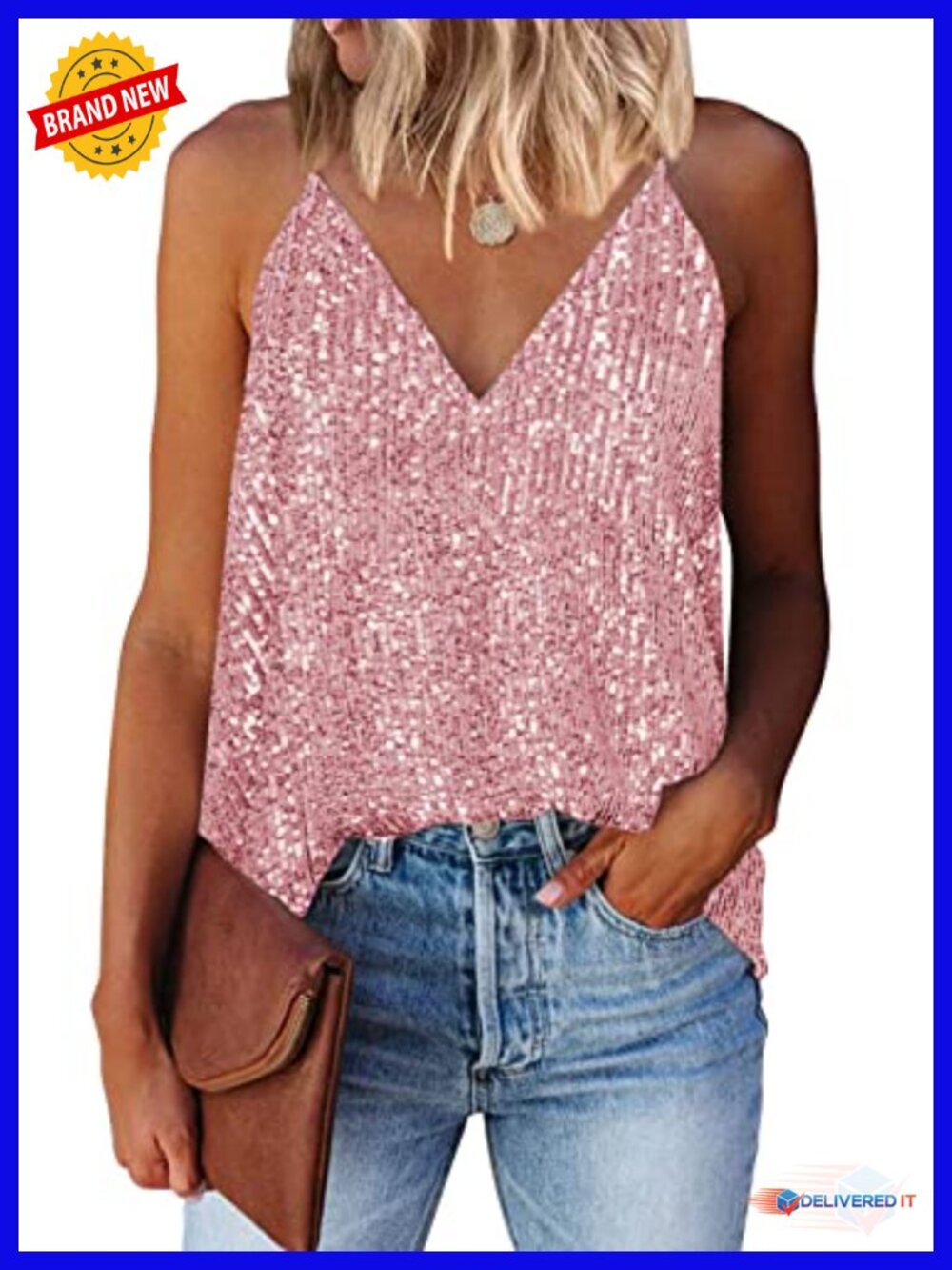V Neck Strappy Sequin Sparkle Shimmer Camisole Sleeveless Tank Top Casual